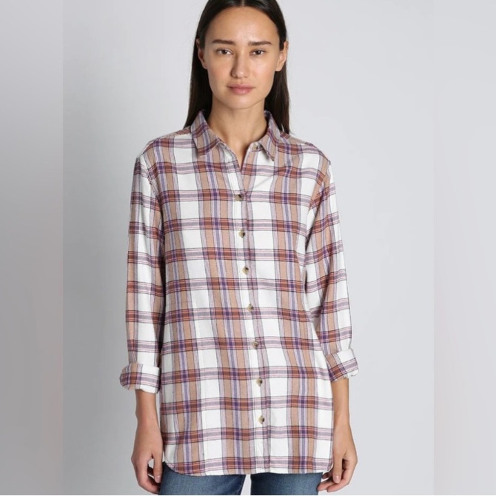 NWOT JACHS GF Tan Plaid Flannel button up shirt soft and cozy size small